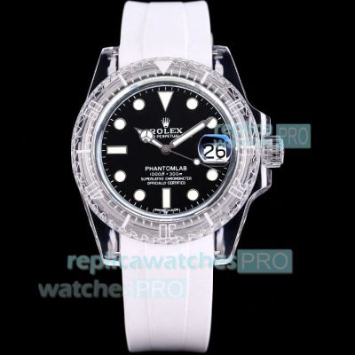 Swiss Clone Black Dial Rolex PhantomLab Submariner Transparent Case Rubber Strap Watch 